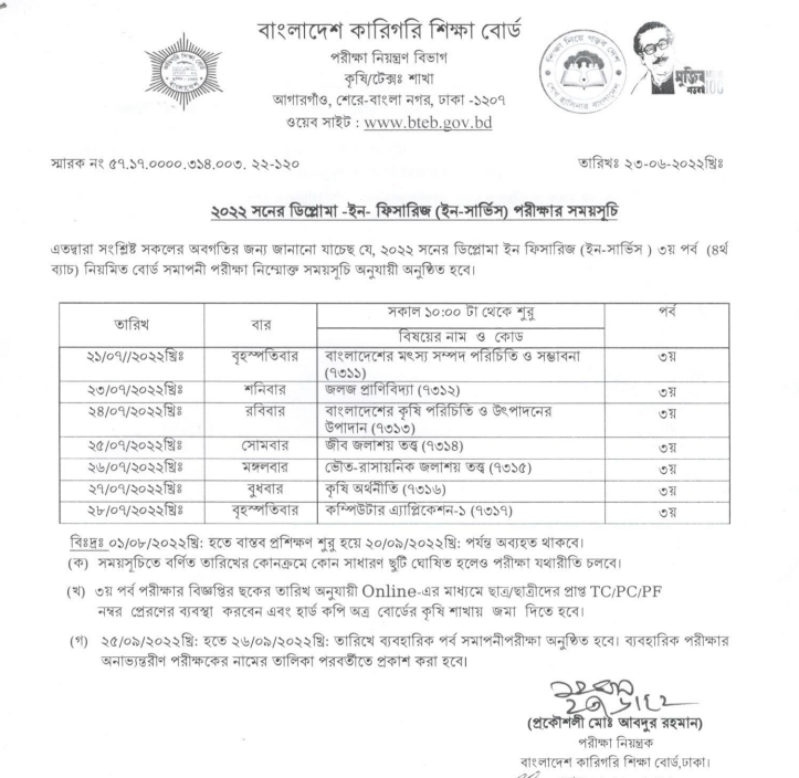 Diploma in Fisheries Exam Routine 2022